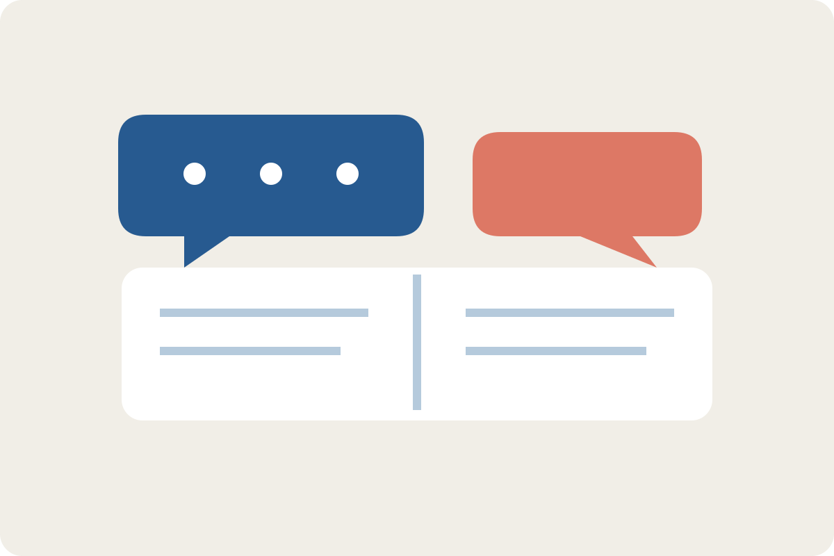 Editorial illustration of two conversation bubbles beside an open health notebook.