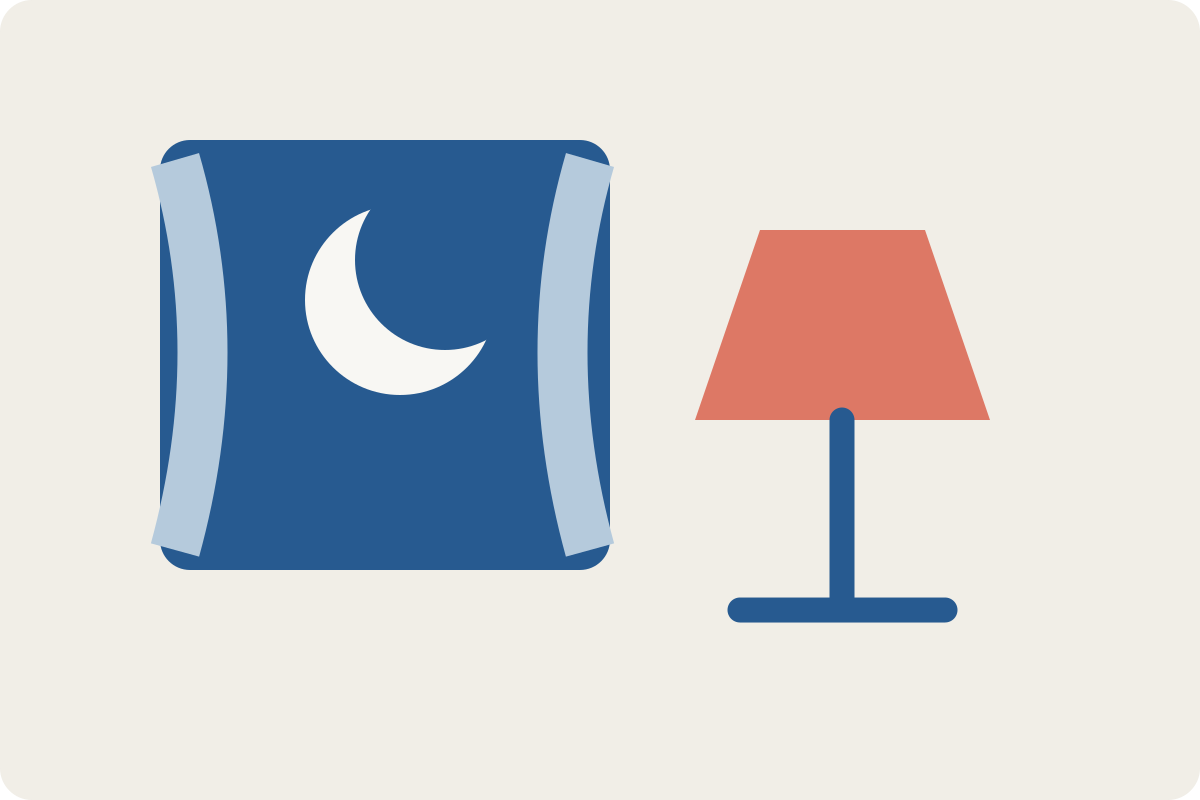 Editorial illustration of a bedside lamp, a shaded window, and a crescent moon.