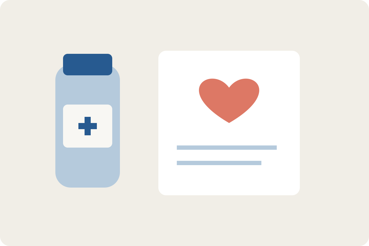 Editorial illustration of a vaccine vial beside a research notebook and a heart symbol.