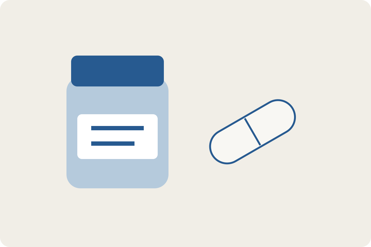 Illustration of an unbranded medicine bottle and caplet.