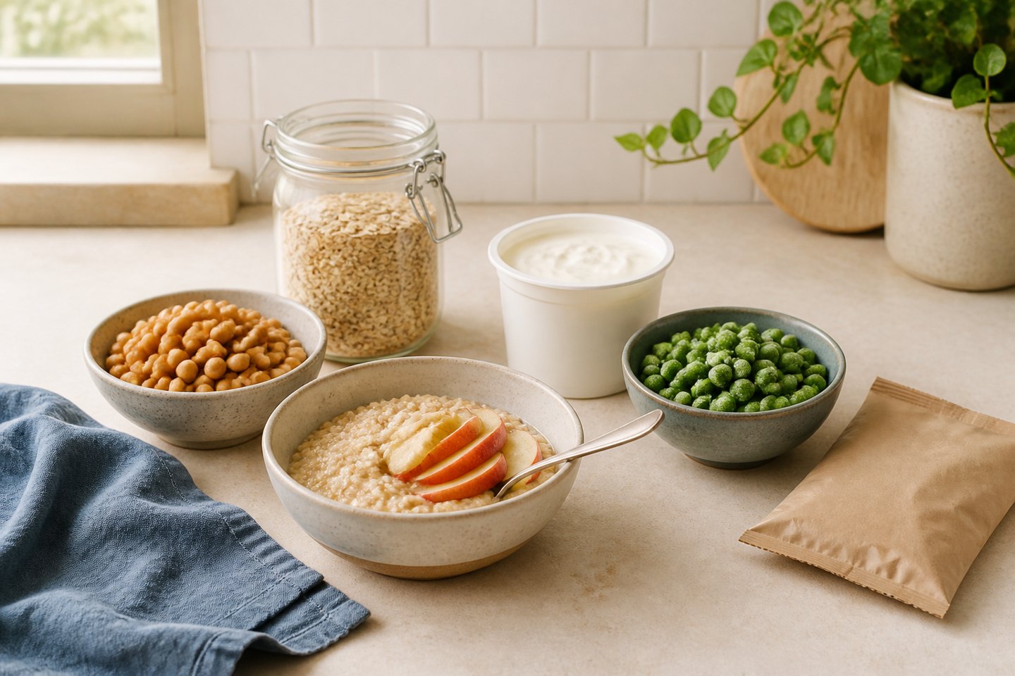 Oatmeal, apple slices, chickpeas, yogurt, and peas with simple pantry staples on a light kitchen counter