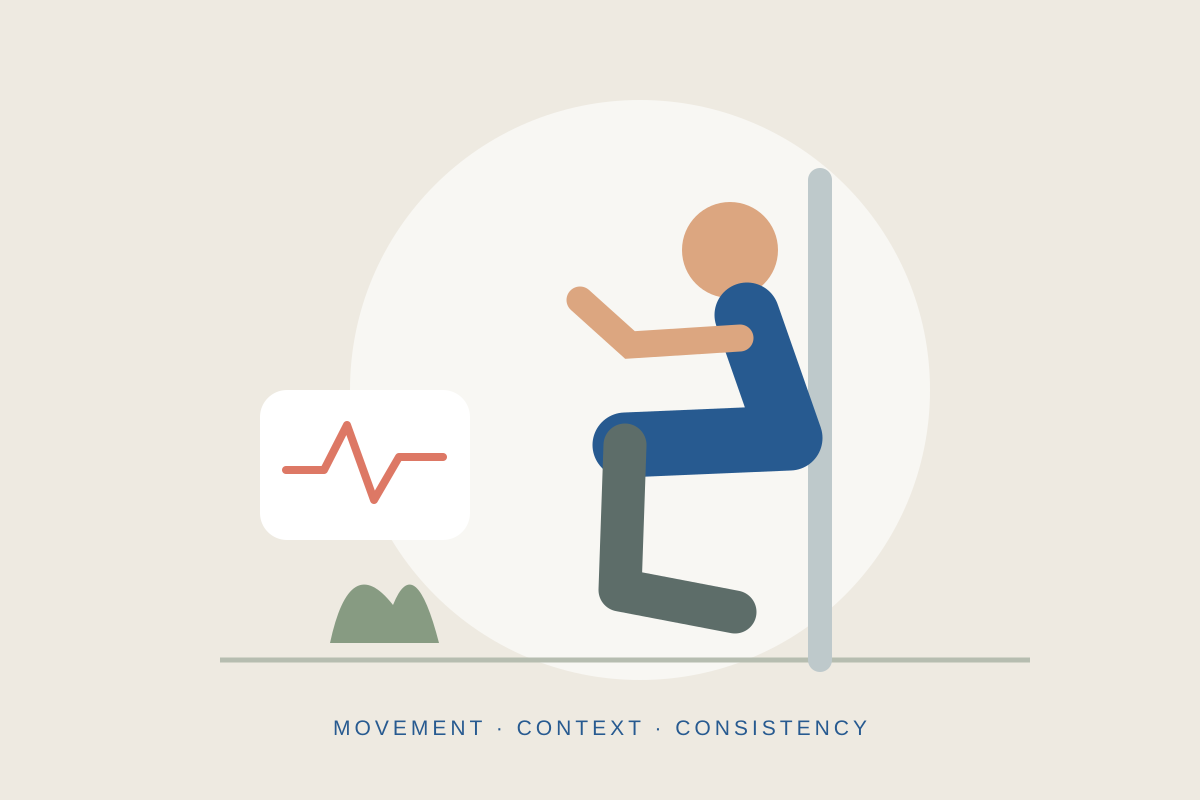 Original illustration of an adult holding a wall squat beside a heart rhythm symbol