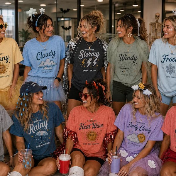 Friends wearing colourful custom T-shirts
