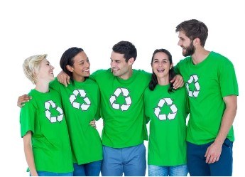 Five people wearing green recycling T-shirts