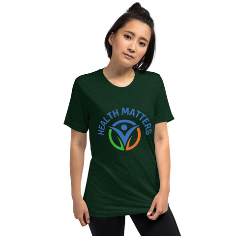 Woman wearing a dark Health Matters logo shirt