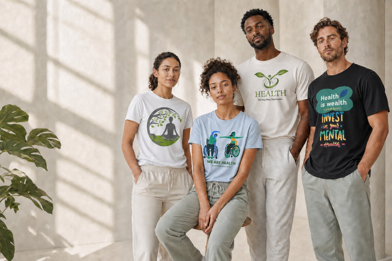 Four adults wearing Good Health Apparel designs in a sunlit studio