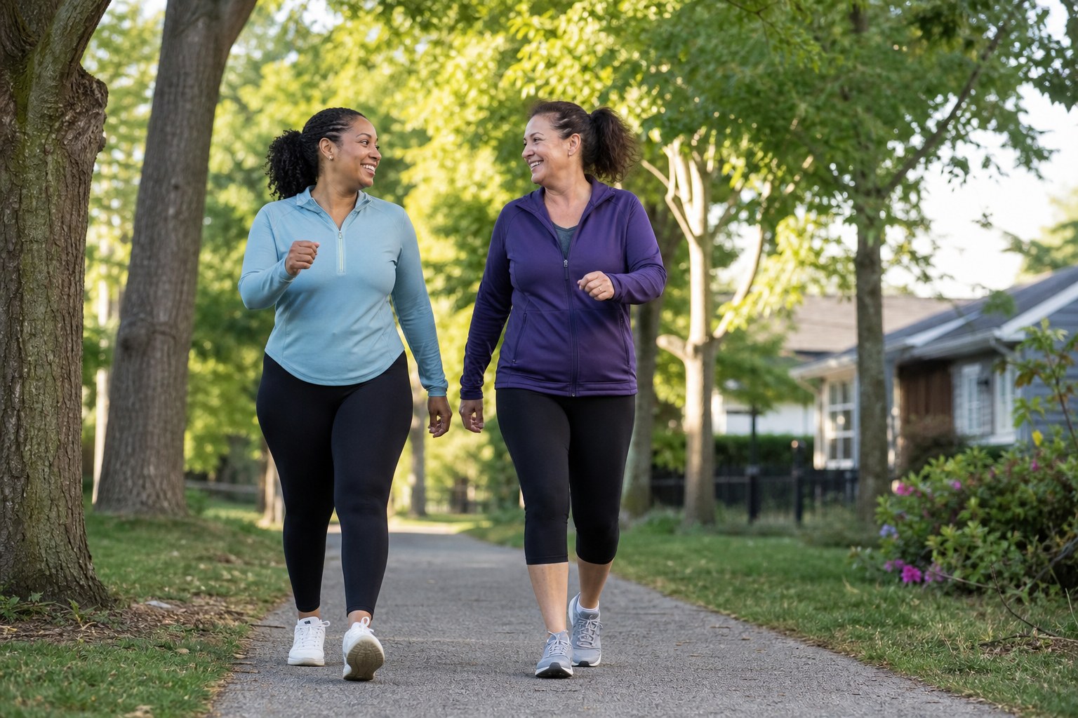 Two adults taking a brisk walk together on a leafy park path