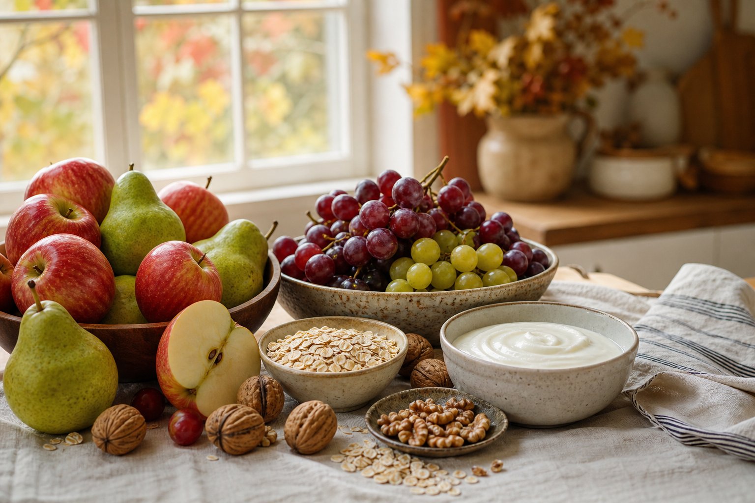 Autumn apples, pears, grapes, walnuts, oats, and yogurt arranged on a kitchen table