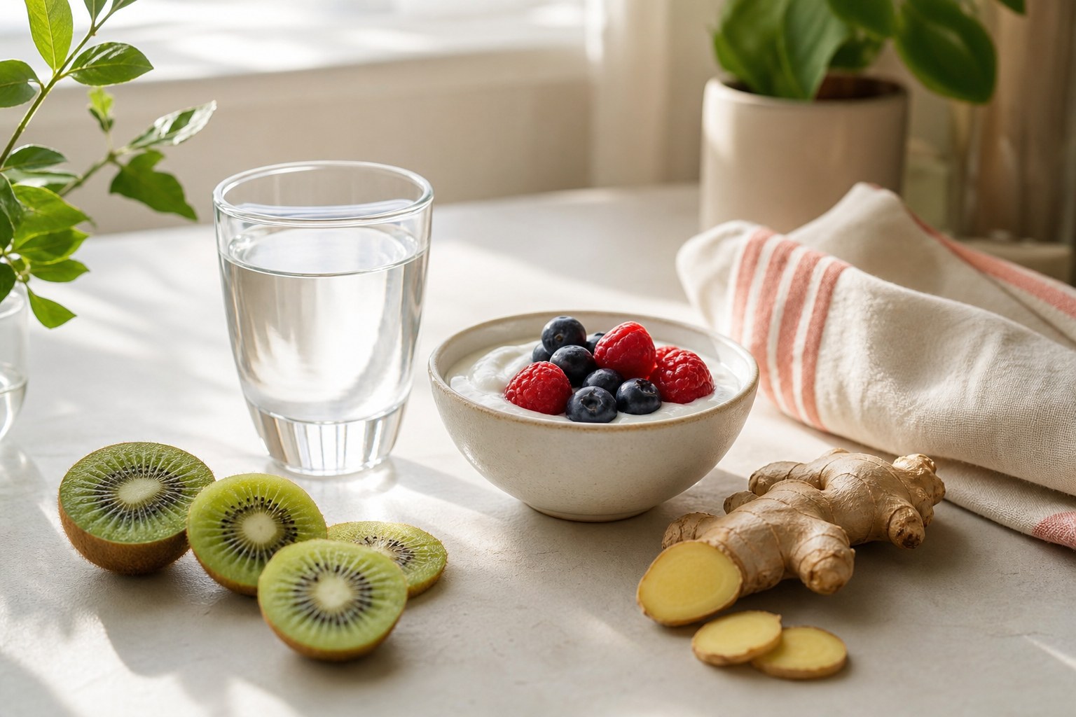 Water, berries, kiwi, and ginger arranged on a warm kitchen table