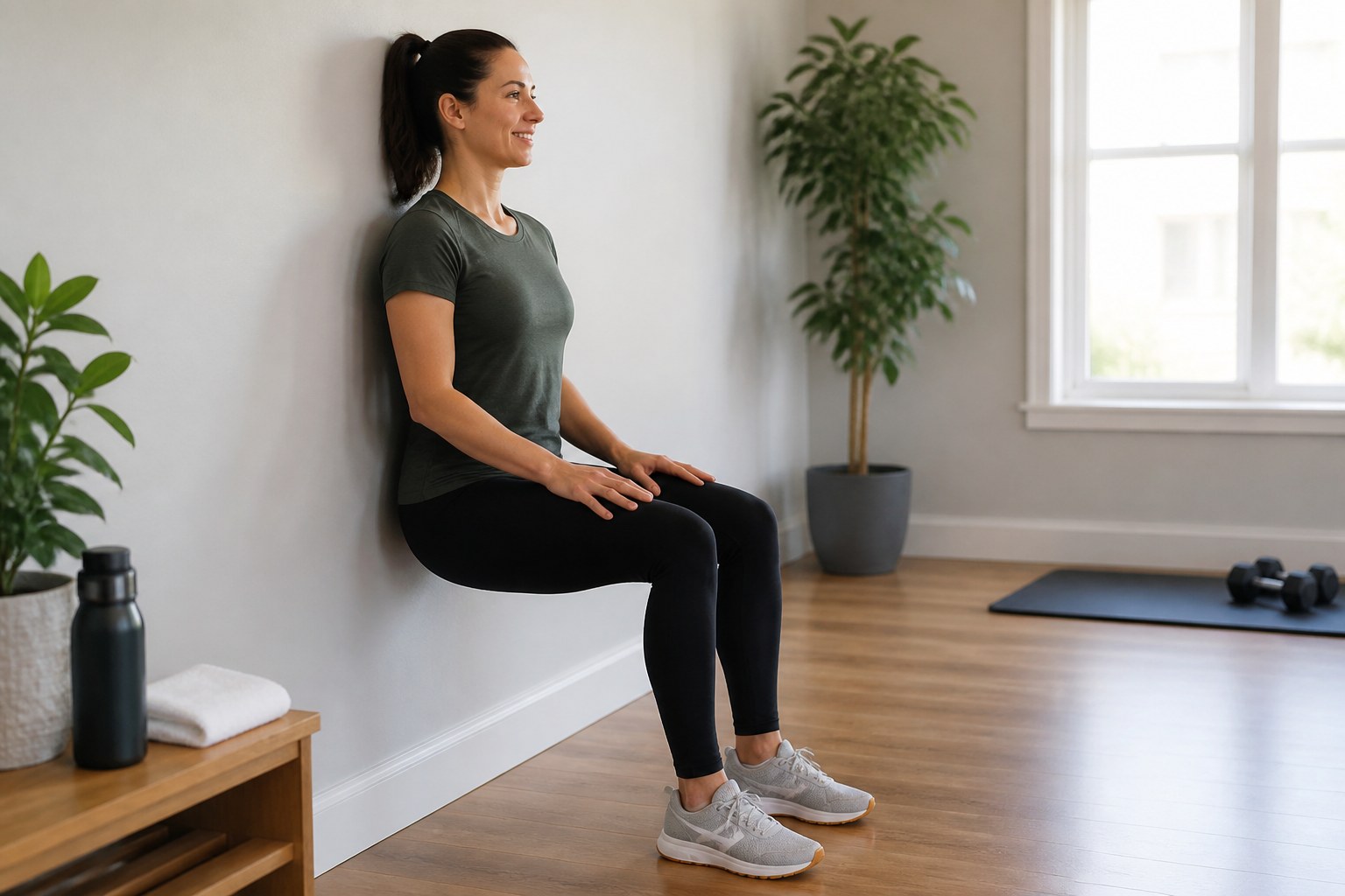 Person doing a gentle wall sit in a bright home exercise space