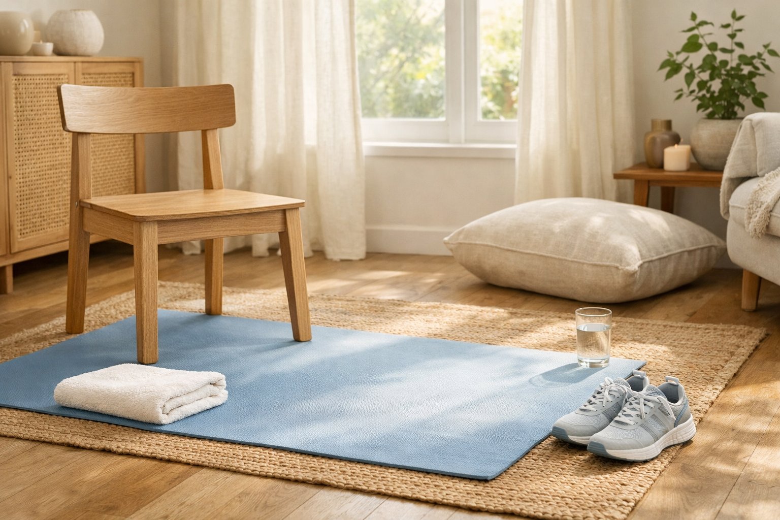A calm home movement space with a wooden chair, blue exercise mat, folded towel, water glass, and sneakers