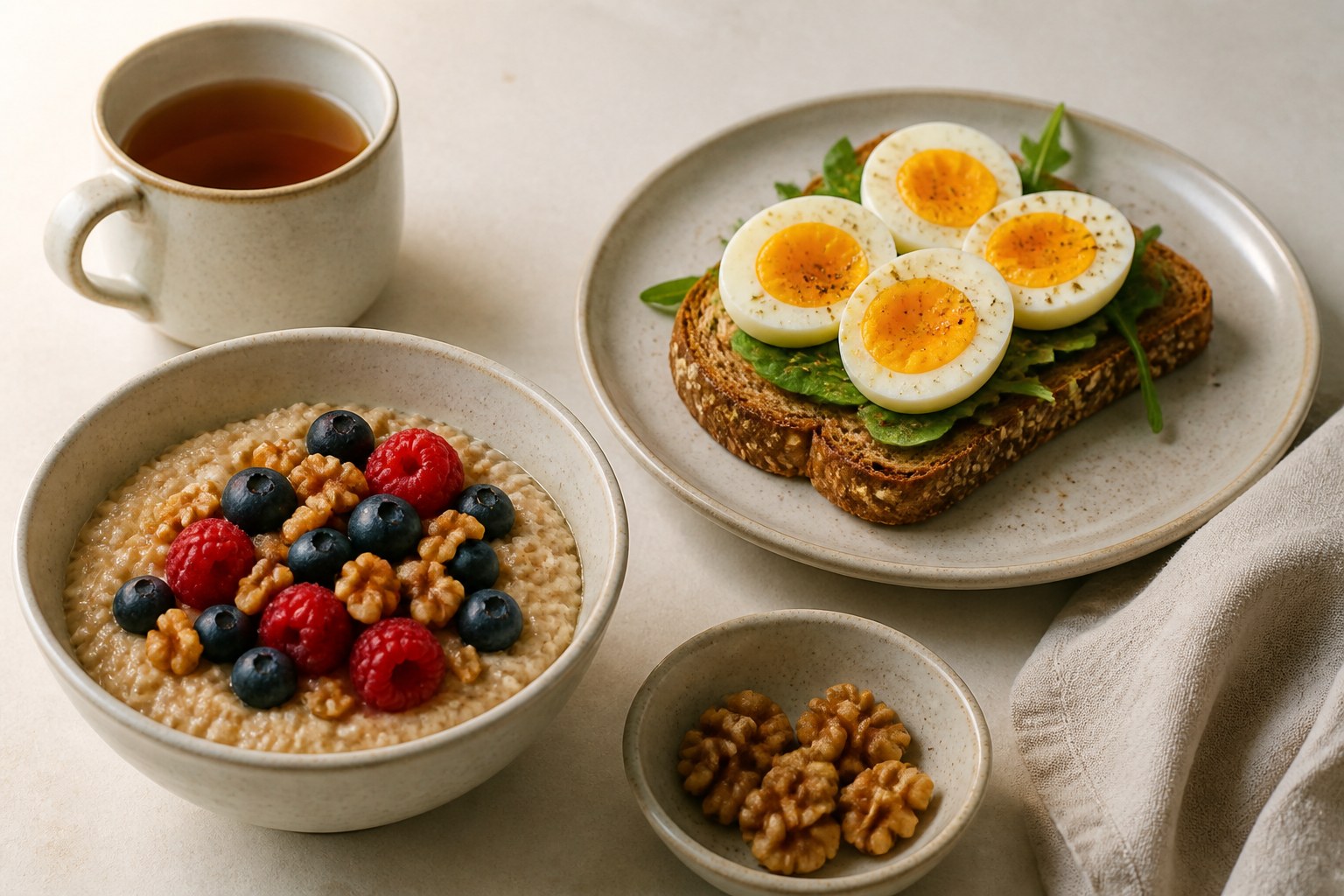 Balanced breakfast with berries, oats, and walnuts