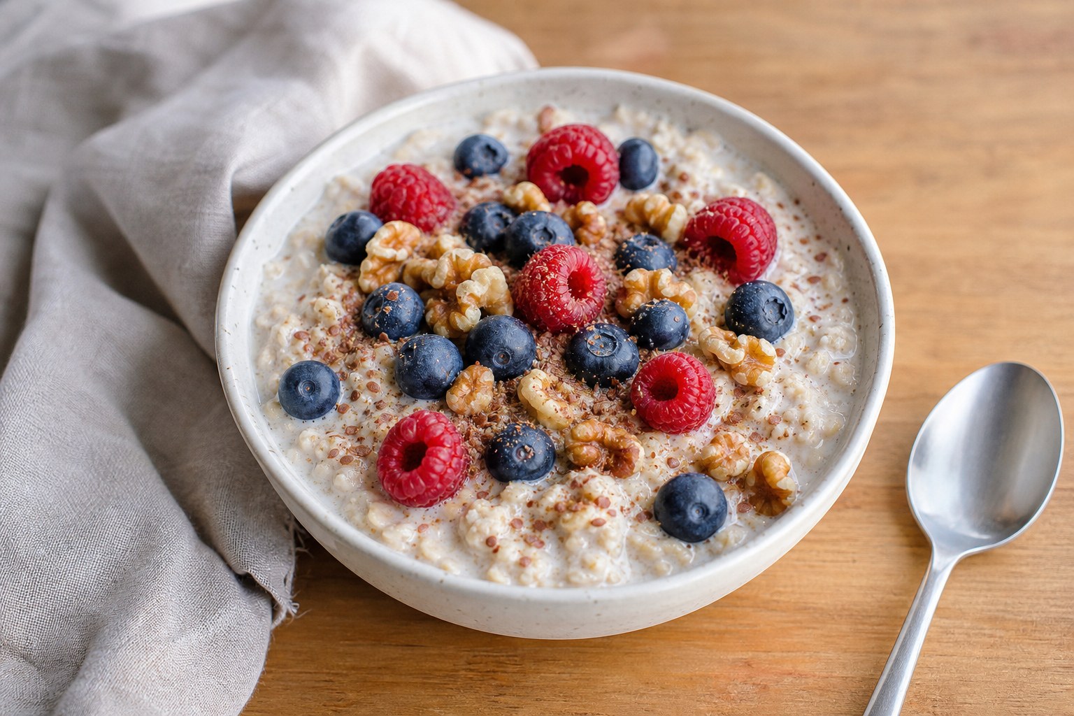 Overnight oats topped with berries, walnuts, and ground flaxseed
