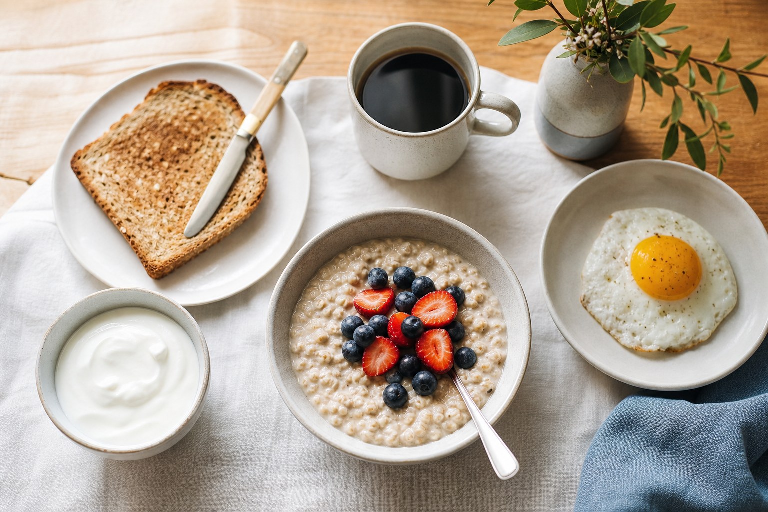 Oatmeal with berries, yogurt, toast, egg, and coffee arranged on a warm breakfast table
