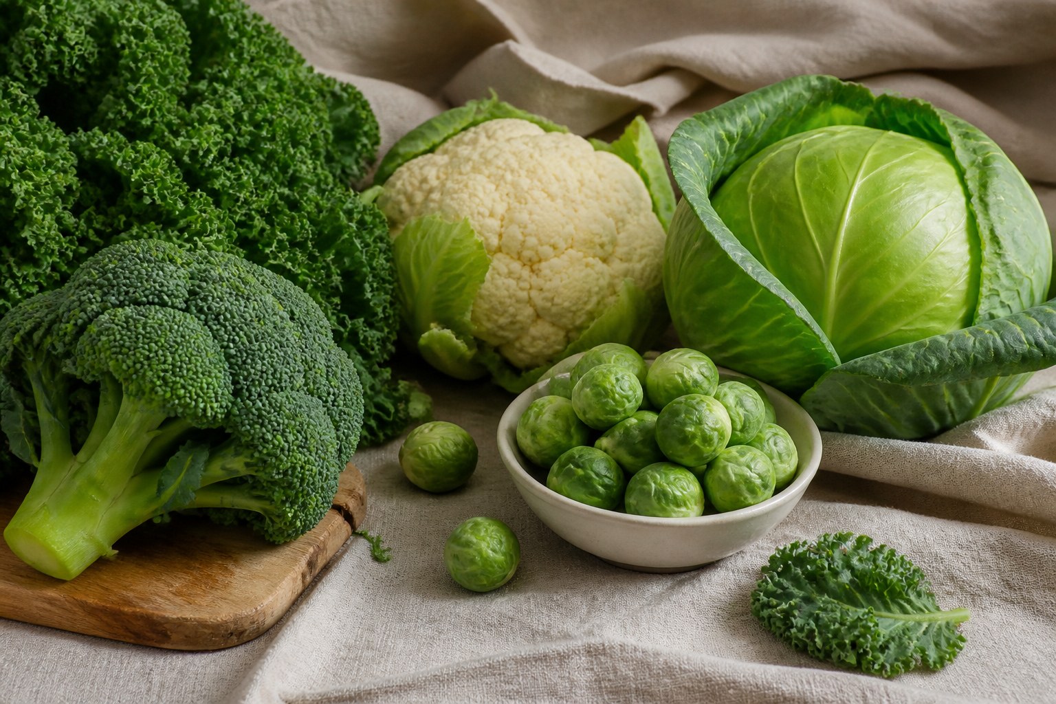 Broccoli, cauliflower, cabbage, kale, and Brussels sprouts