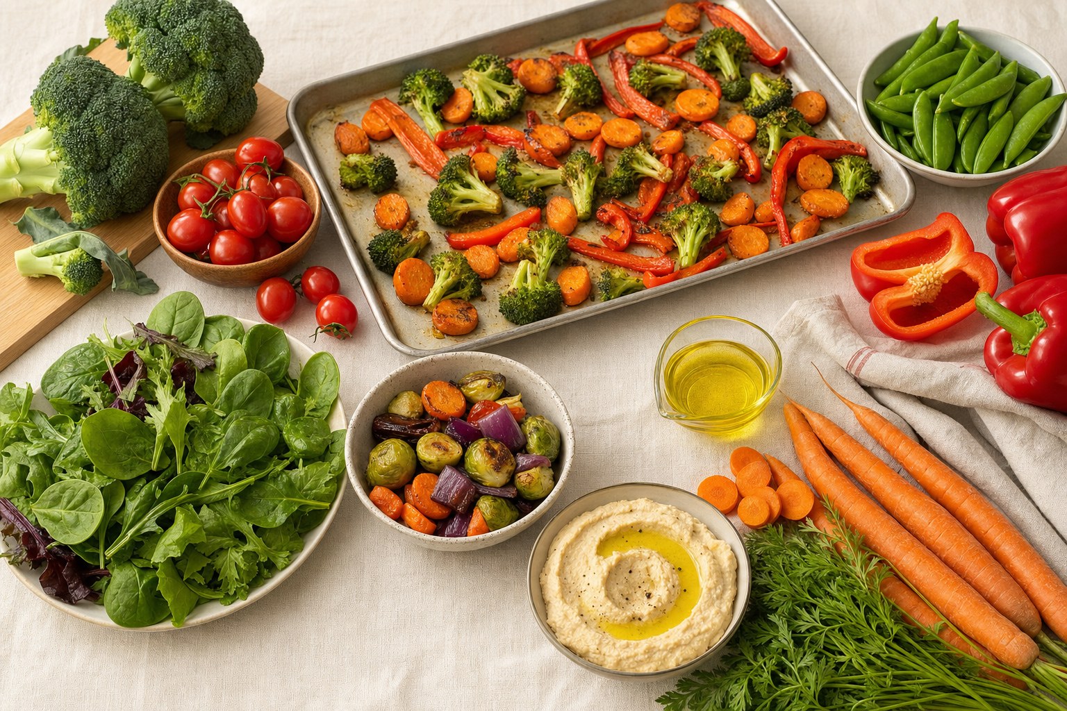 Broccoli, carrots, peppers, leafy greens, snap peas, tomatoes, hummus, and roasted vegetables arranged on a linen table