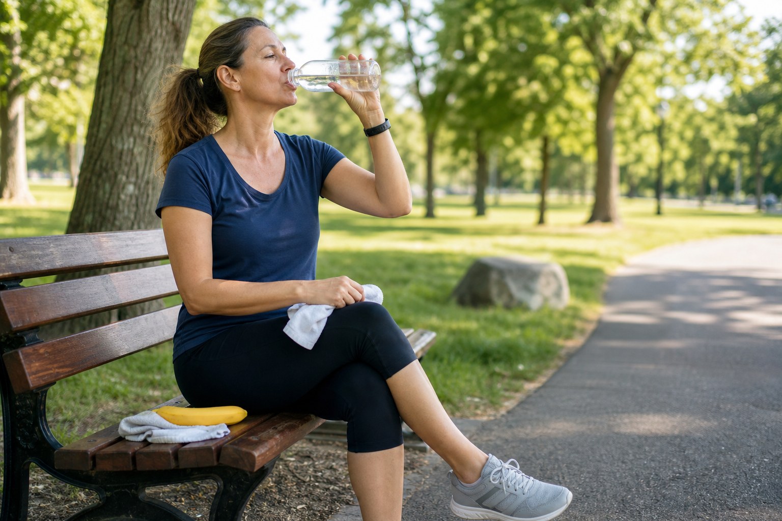 Person drinking water after a walk in a sunny park