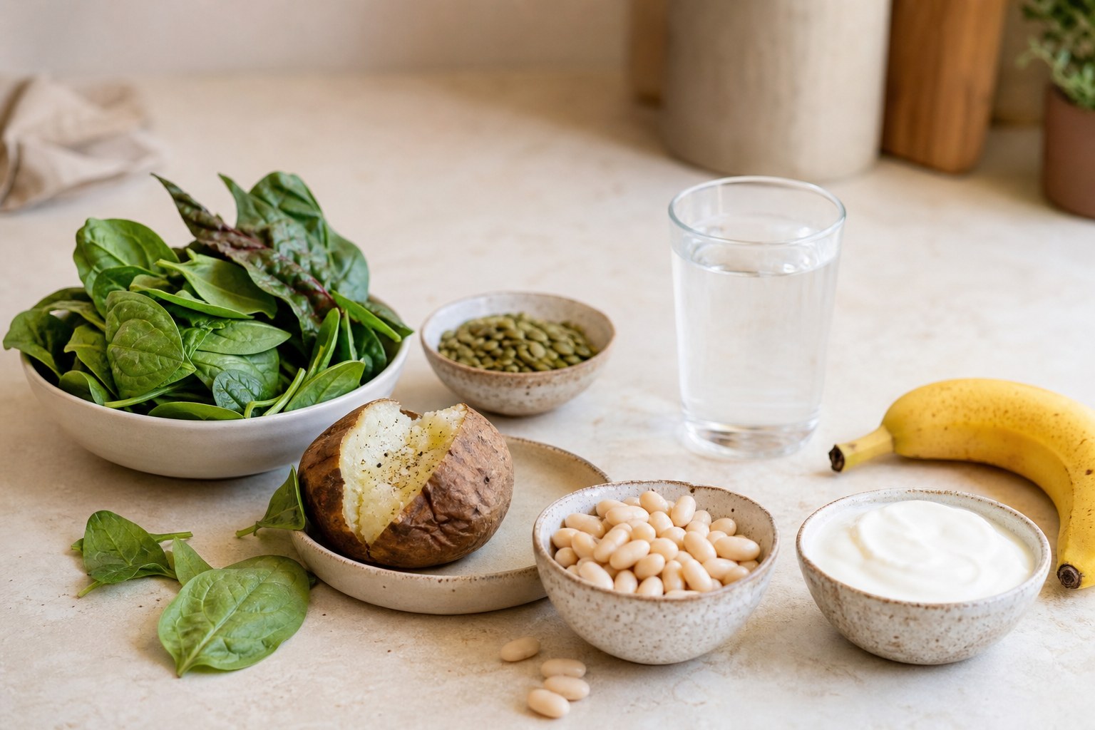 Leafy greens, potato, beans, banana, yogurt, seeds, and water on a warm kitchen counter
