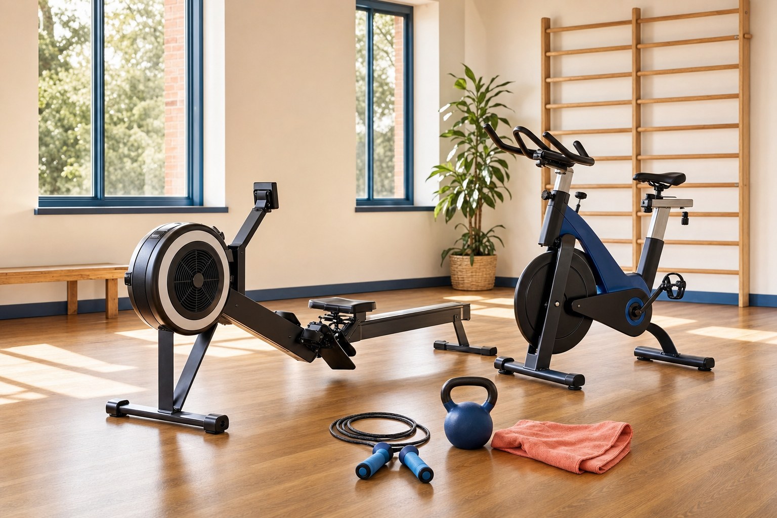 Rowing machine, stationary bike, jump rope, and kettlebell in a light fitness studio