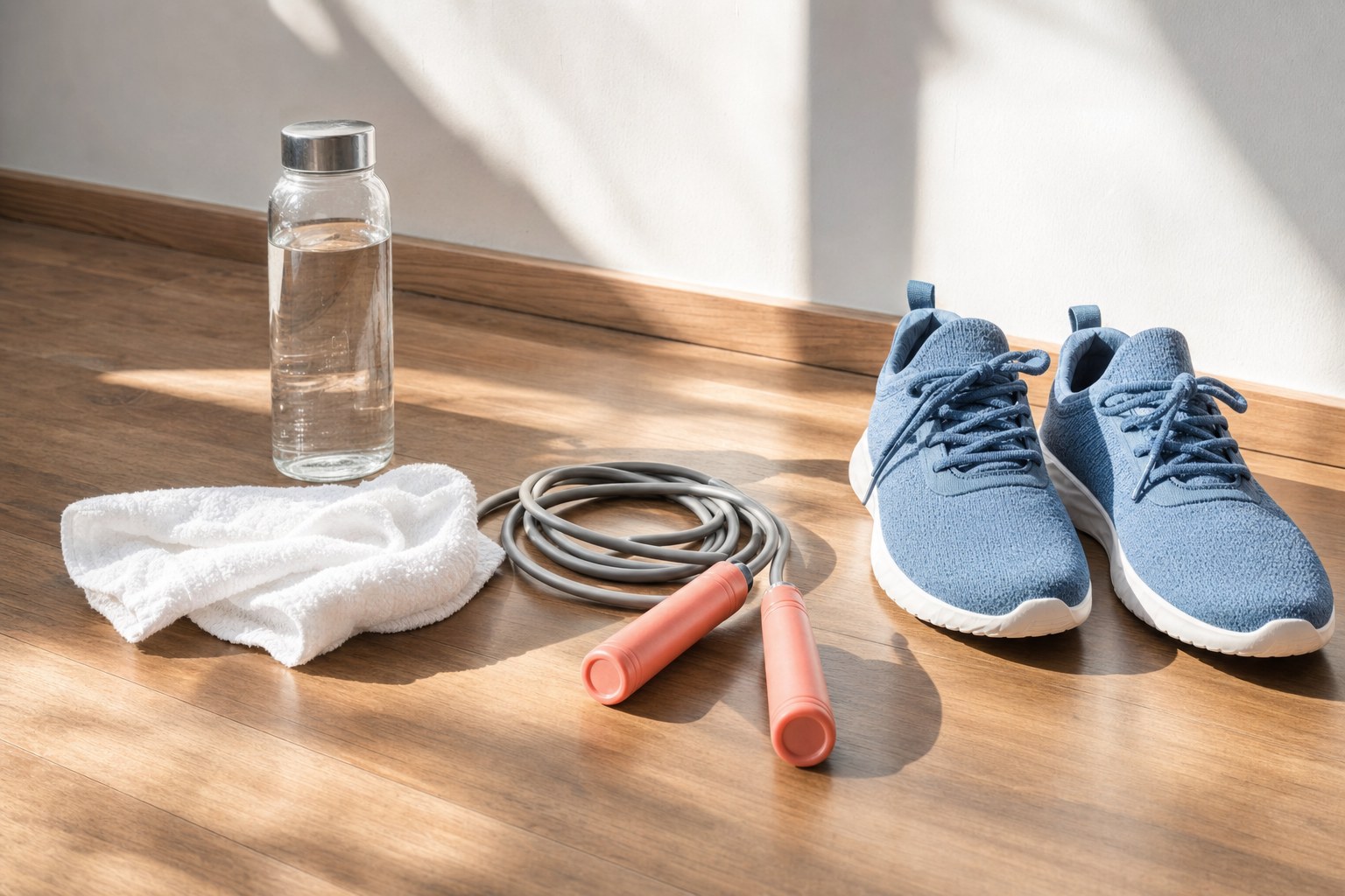 Jump rope, training shoes, towel, and water bottle on a wood floor