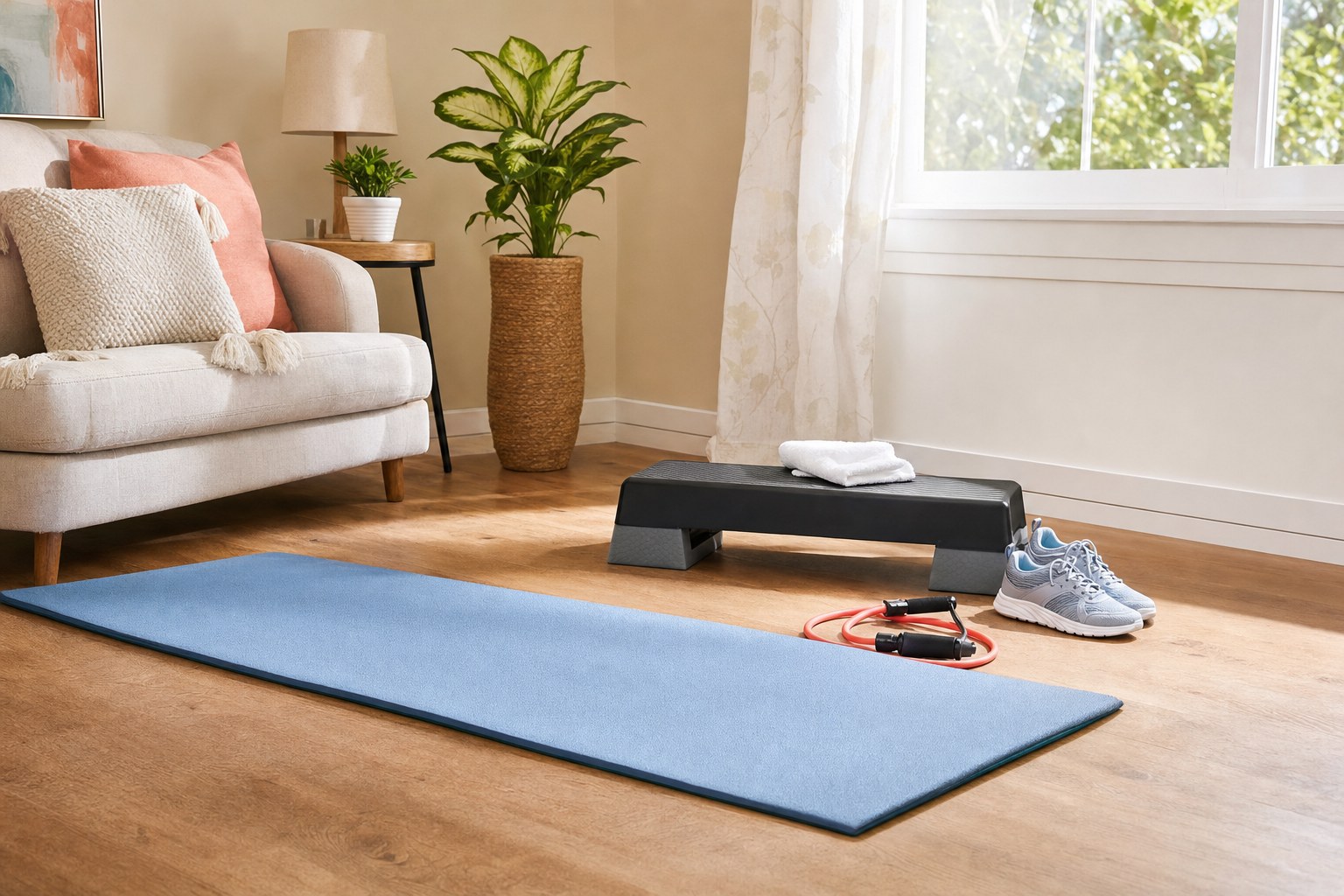 Home exercise space with a mat, step platform, resistance band, and shoes
