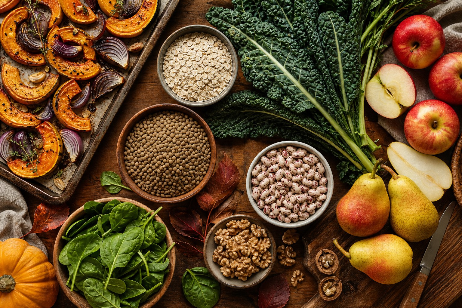 Roasted squash, oats, lentils, beans, apples, pears, walnuts, and leafy greens arranged for fall
