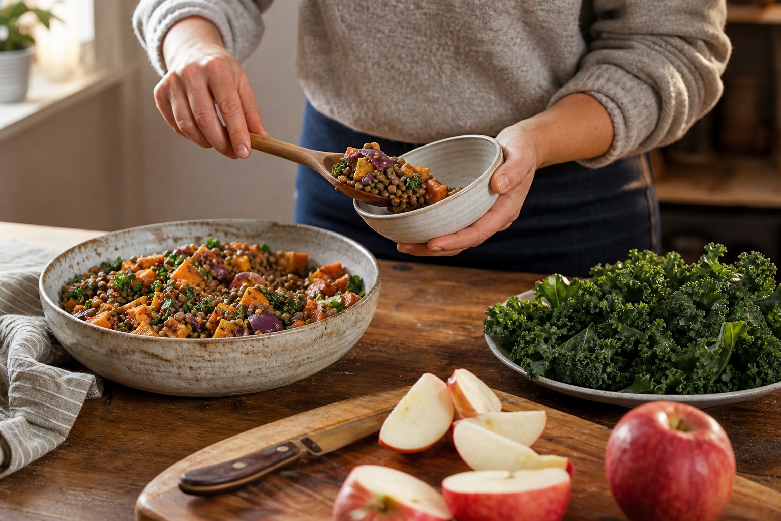 Hands serving a warm lentil and roasted vegetable salad with kale and apples