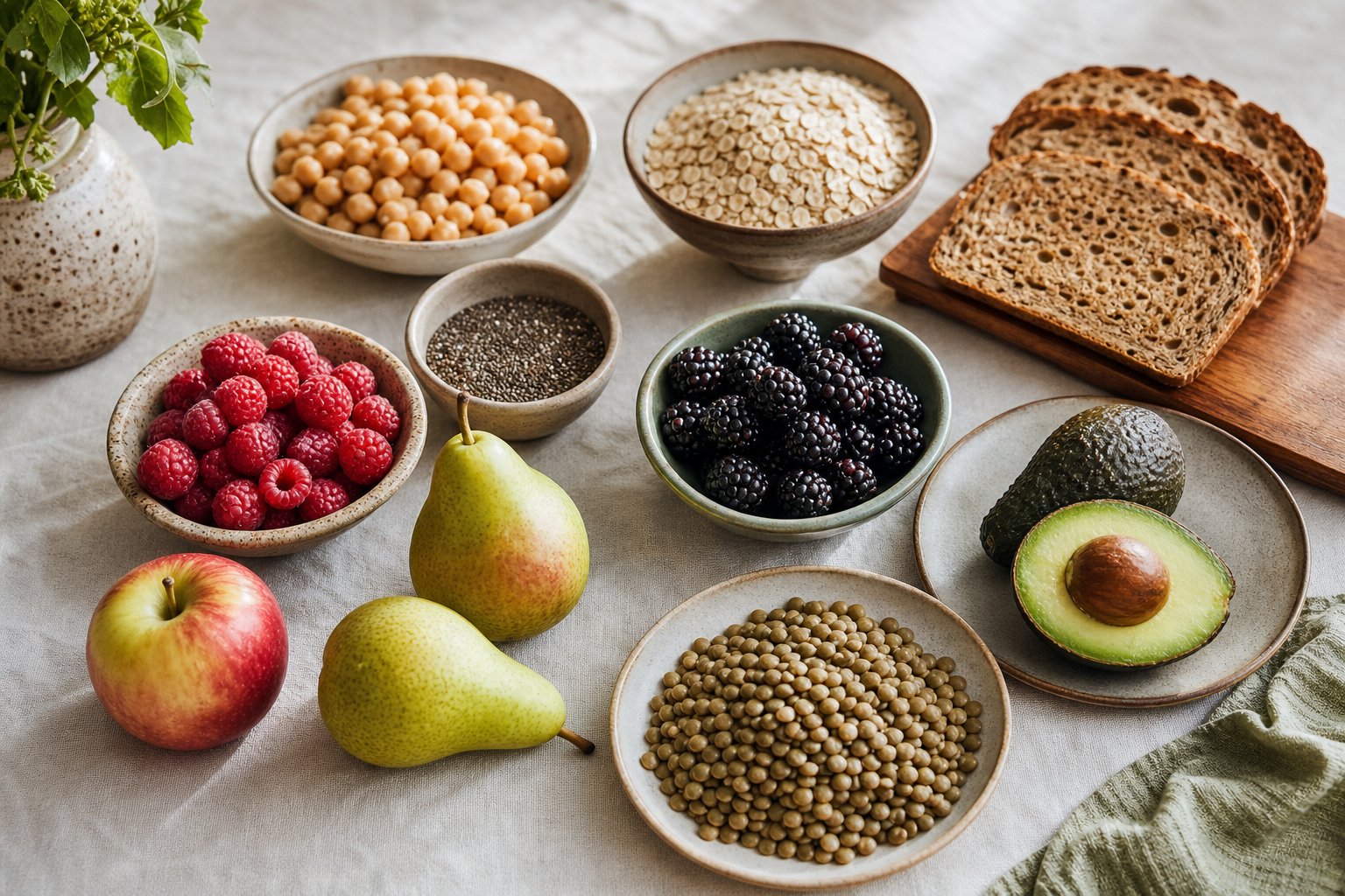 Raspberries, blackberries, pears, avocado, chickpeas, lentils, oats, chia, and whole-grain bread on a linen table