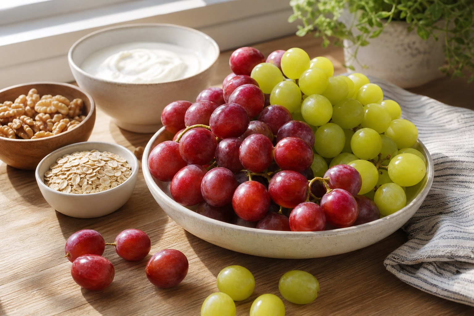 Red and green grapes with yogurt, oats, and walnuts on a warm kitchen table