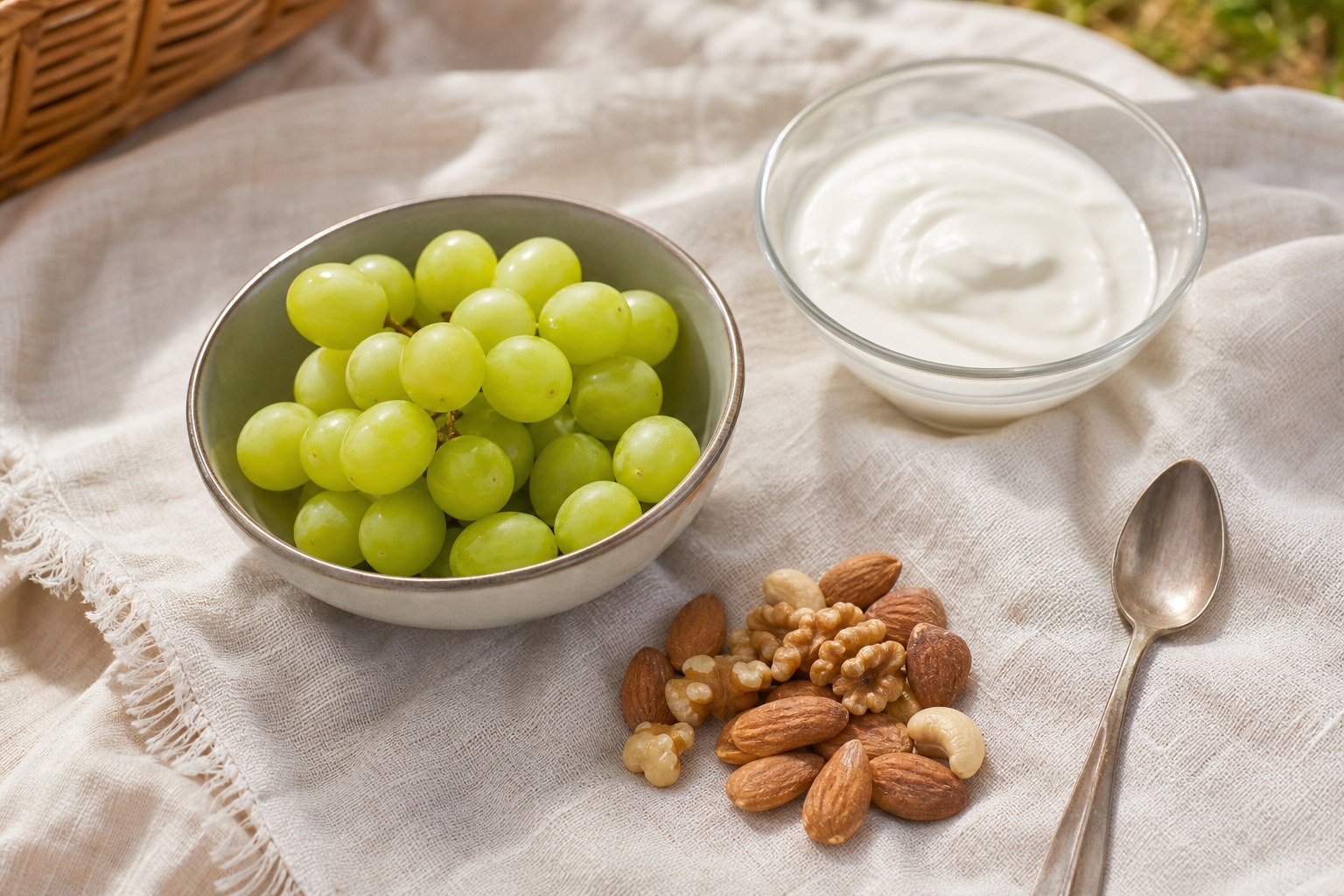 Green grapes, plain yogurt, and nuts arranged as a simple snack