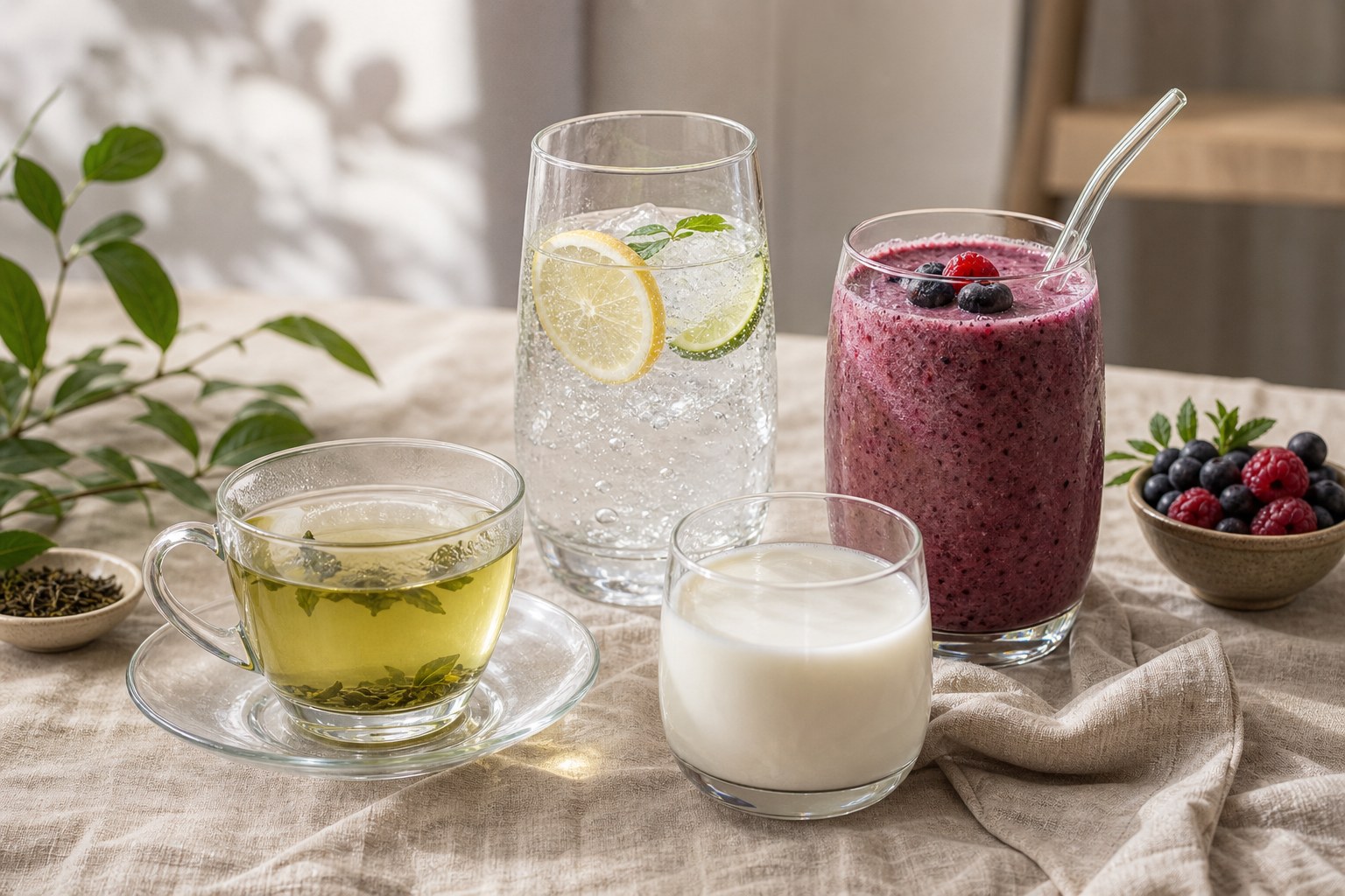 Green tea, sparkling water with citrus, a berry smoothie, and milk on a linen table