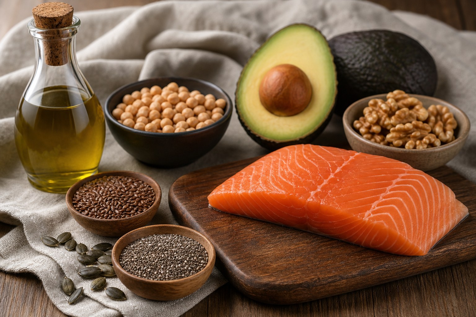Salmon, avocado, olive oil, walnuts, seeds, and beans arranged on a warm table