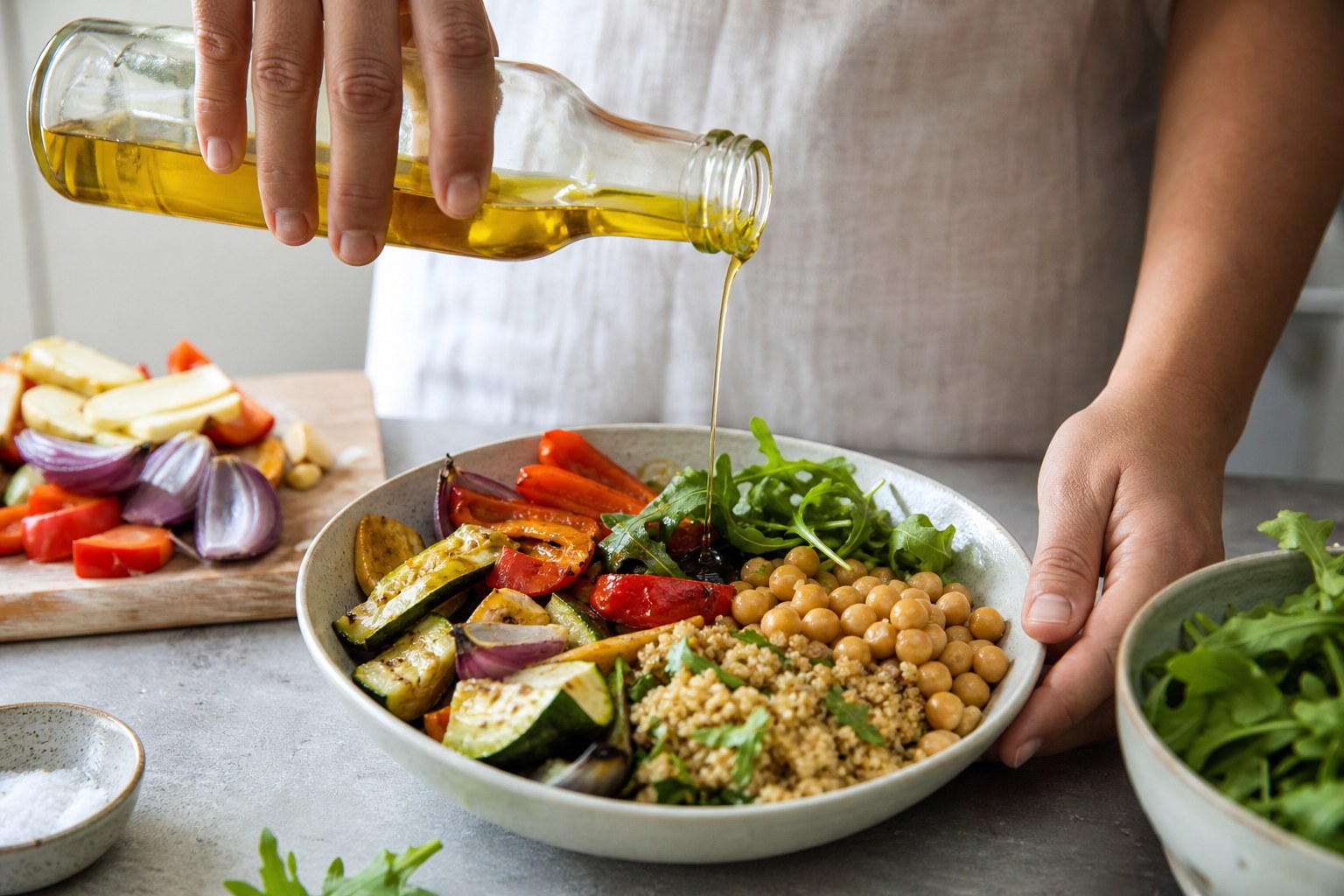 Hands adding olive oil to a roasted vegetable and grain bowl