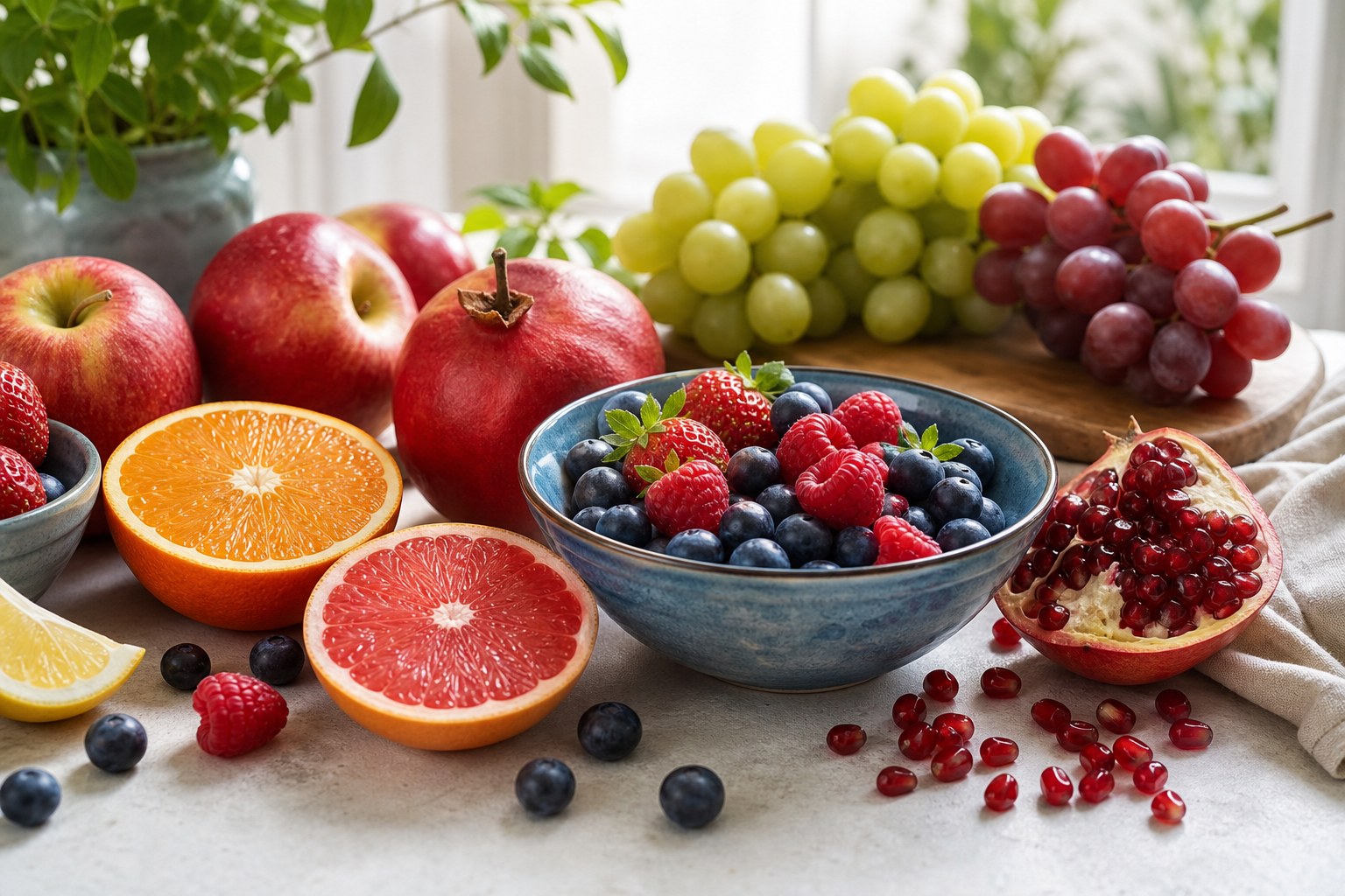 Colorful berries, apples, citrus, grapes, and pomegranate on a warm kitchen table