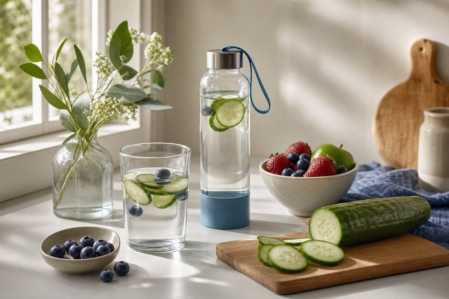 Glass of water, reusable bottle, cucumber, berries, and fruit on a sunlit kitchen table