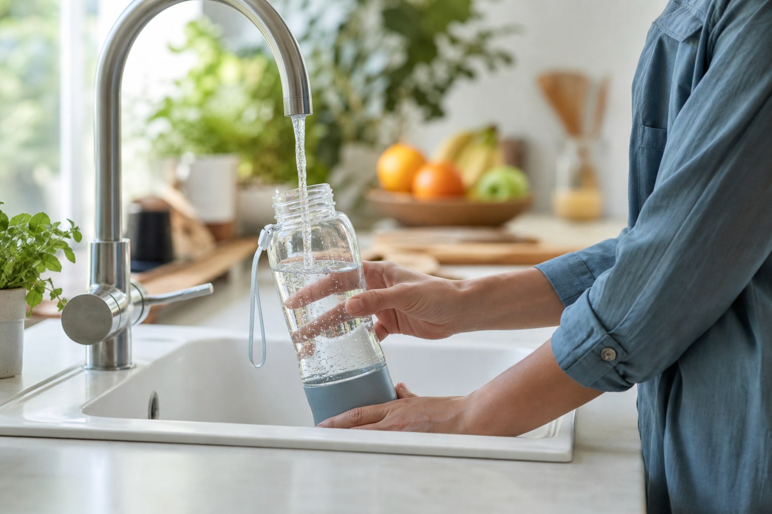 Hands filling a reusable water bottle at a bright kitchen sink