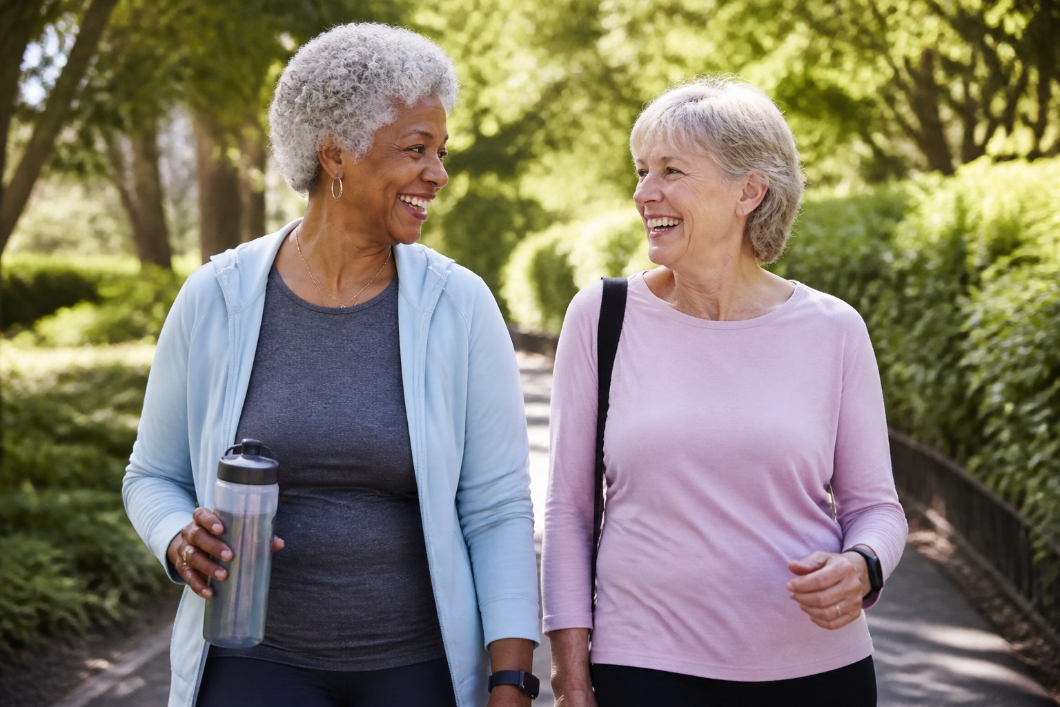 Two older adults walking together outdoors in daylight