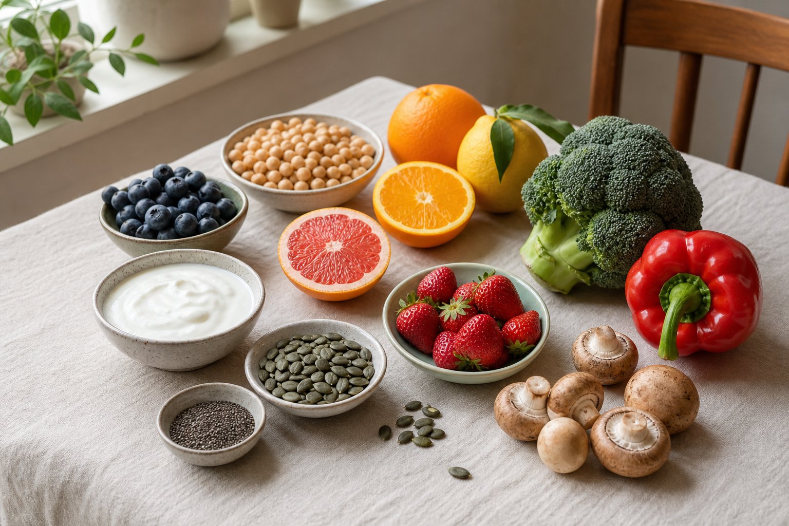 Citrus, berries, broccoli, yogurt, chickpeas, pumpkin seeds, mushrooms, and red pepper on a linen table