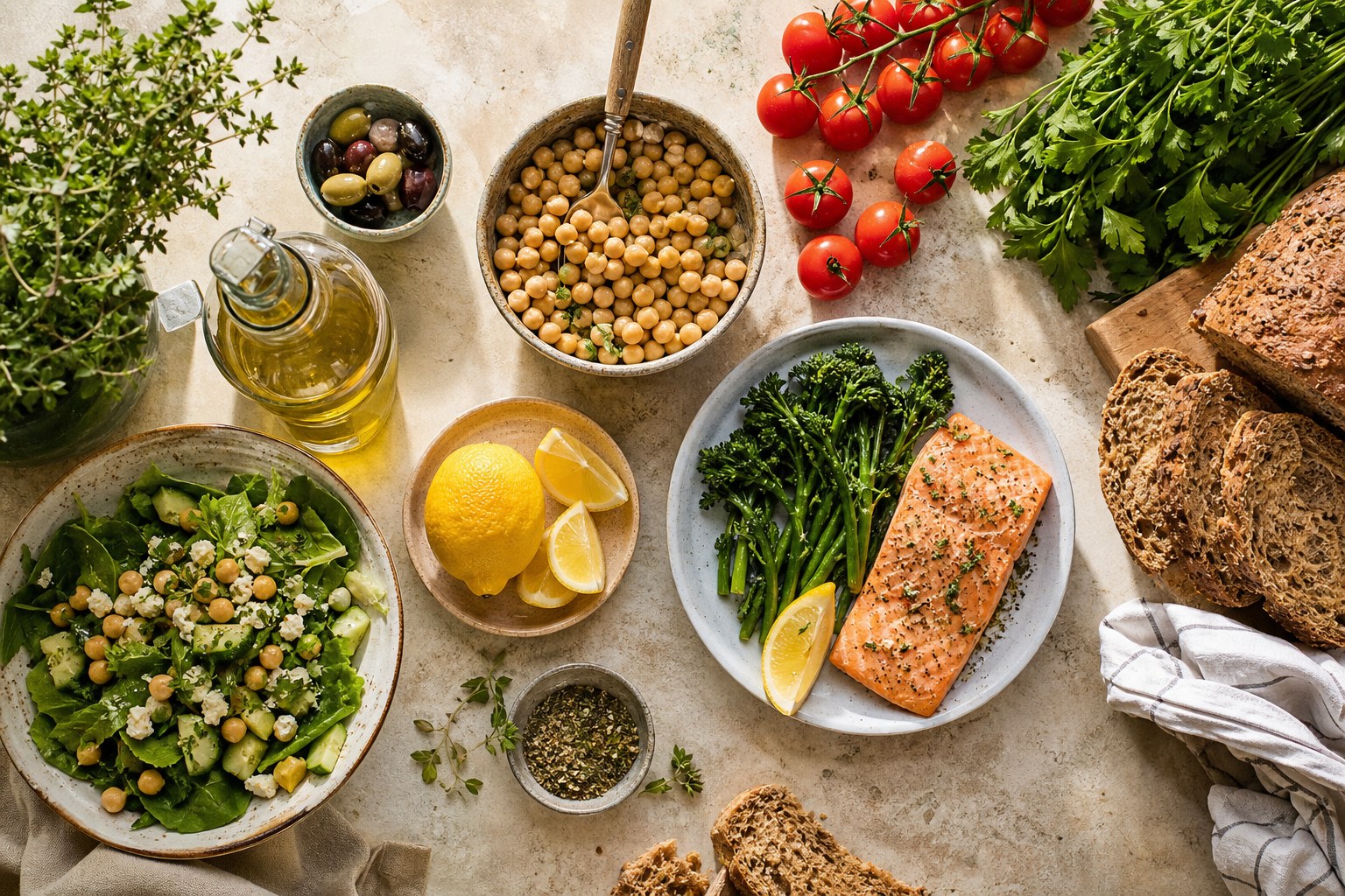 Mediterranean-style ingredients including olive oil, chickpeas, greens, tomatoes, salmon, lemon, and whole-grain bread