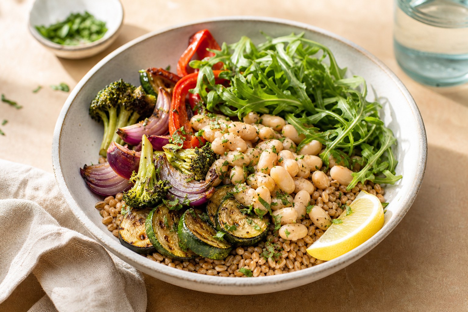 Mediterranean-style bowl with beans, roasted vegetables, greens, herbs, lemon, and olive oil
