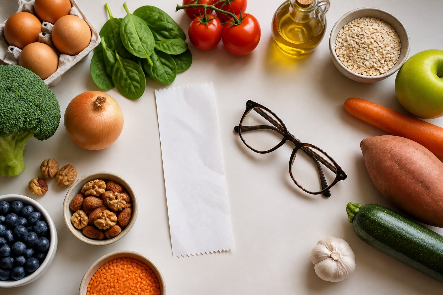 Whole foods, reading glasses, and a grocery receipt on a warm table