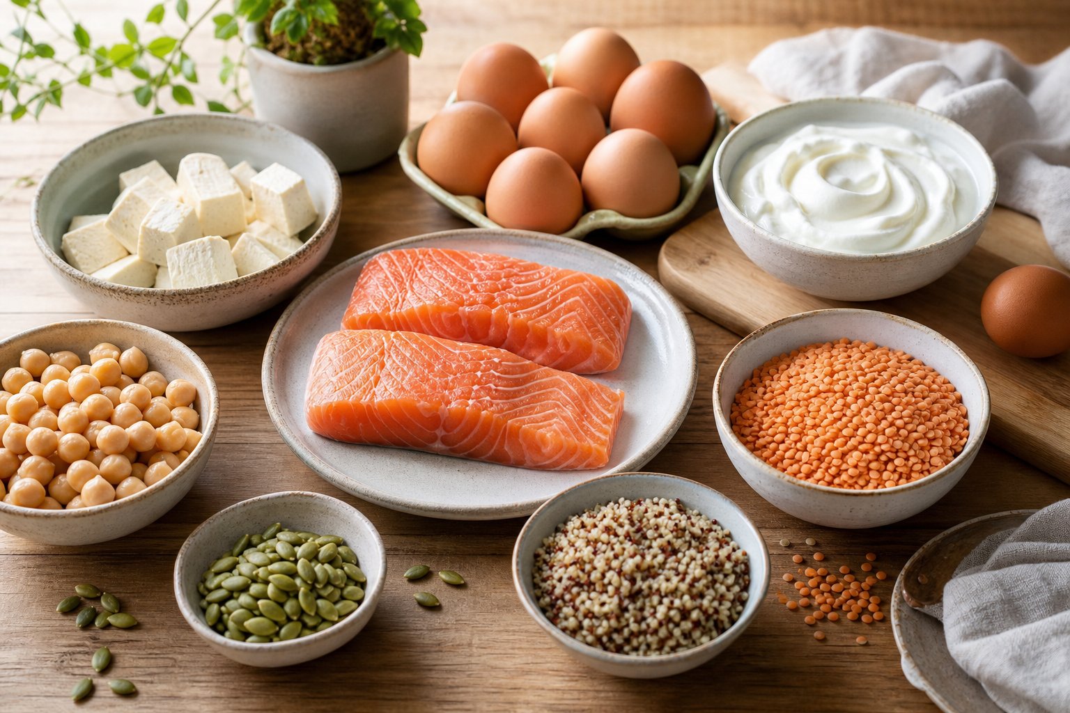 Salmon, eggs, tofu, yogurt, chickpeas, lentils, quinoa, and pumpkin seeds arranged on a wooden kitchen table