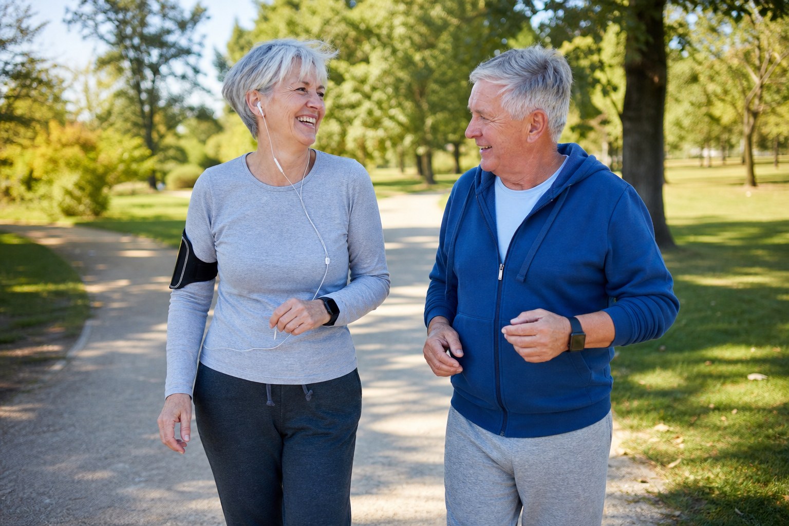 Two older adults walking together on a sunny park path