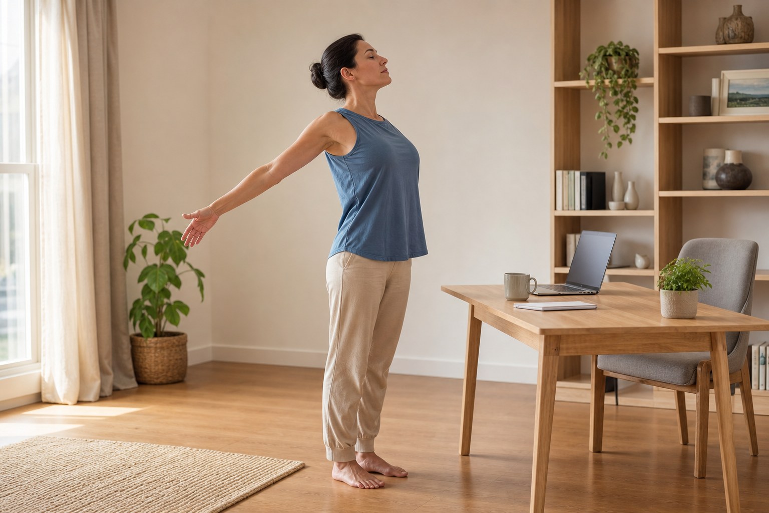 Adult doing a gentle chest-opening posture exercise beside a desk in a bright home