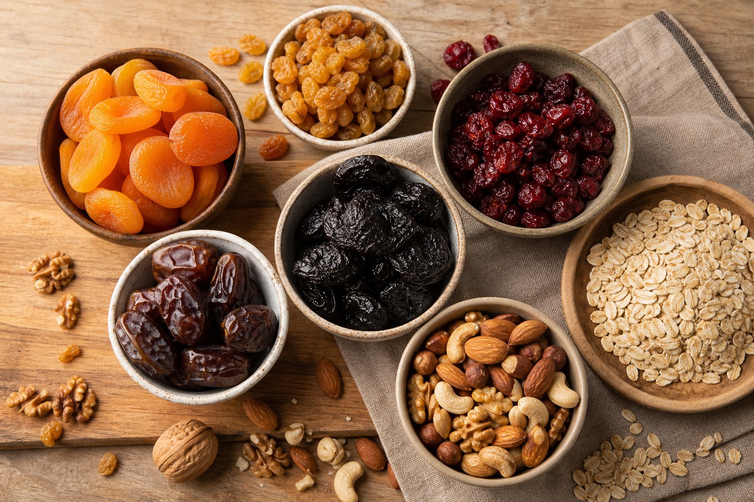 Small bowls of dried apricots, raisins, prunes, dates, dried cherries, nuts, and oatmeal