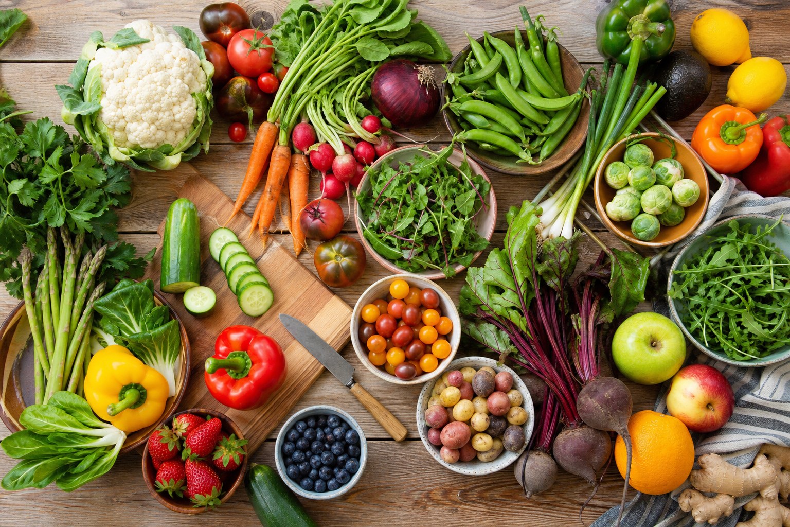 Colorful fresh vegetables and fruit arranged as inviting home-cooking ingredients