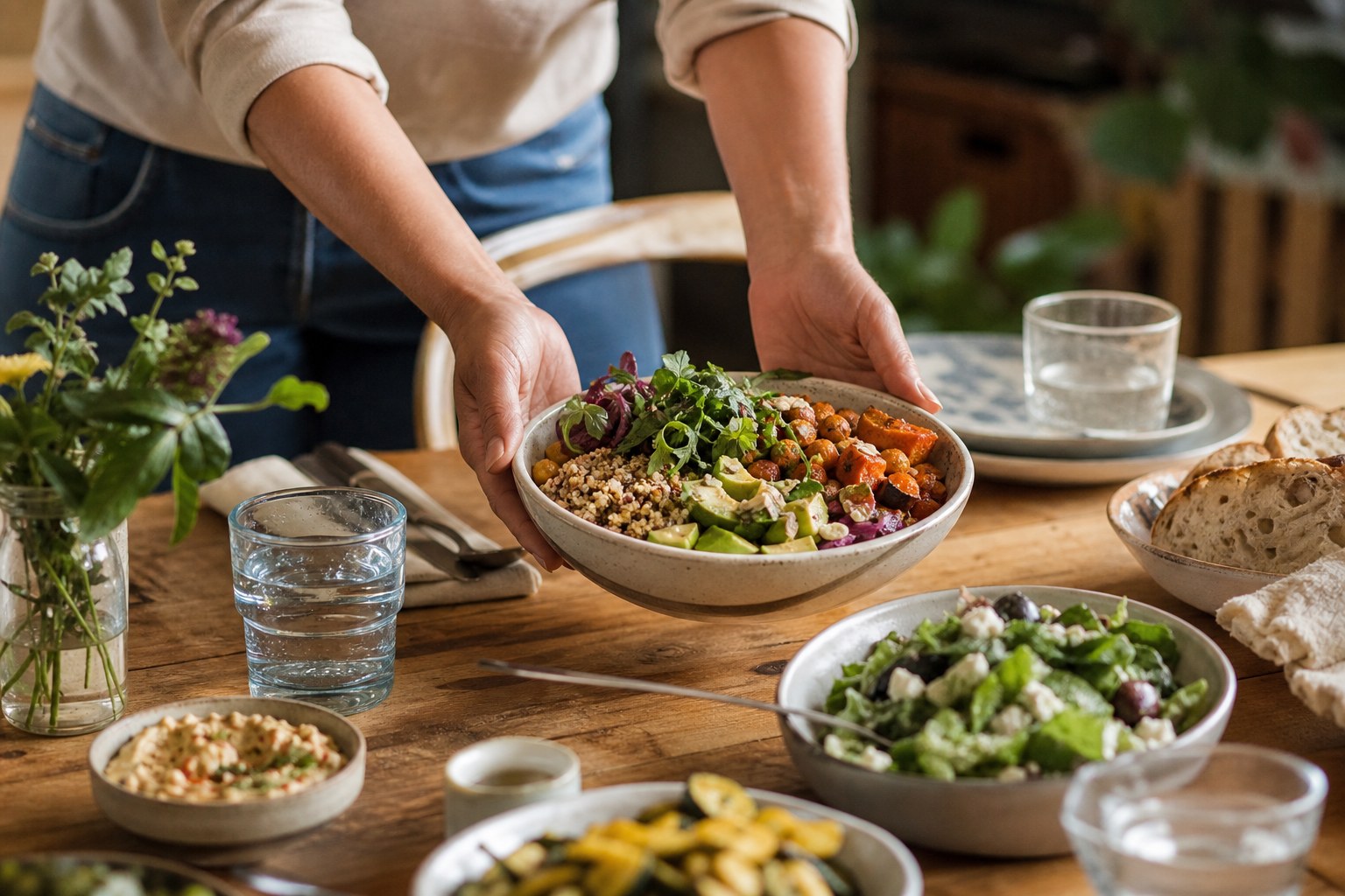 An inviting colorful meal being set on a warm table with relaxed hands