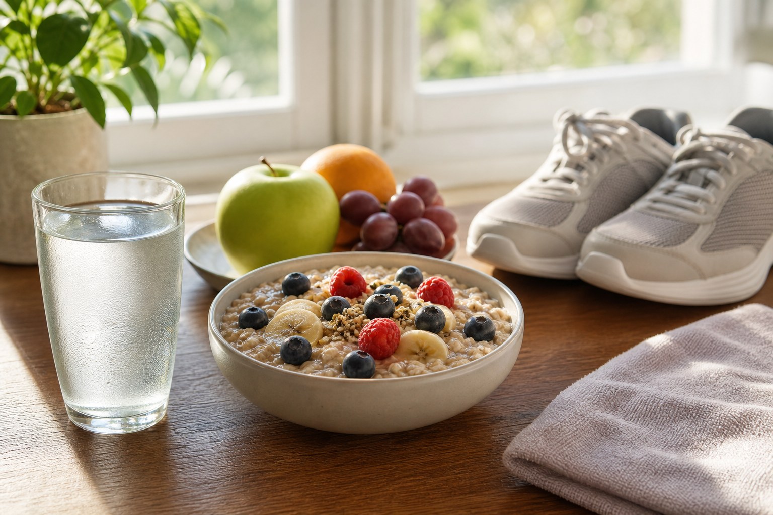 Glass of water, fruit, oatmeal, walking shoes, and daylight by a window