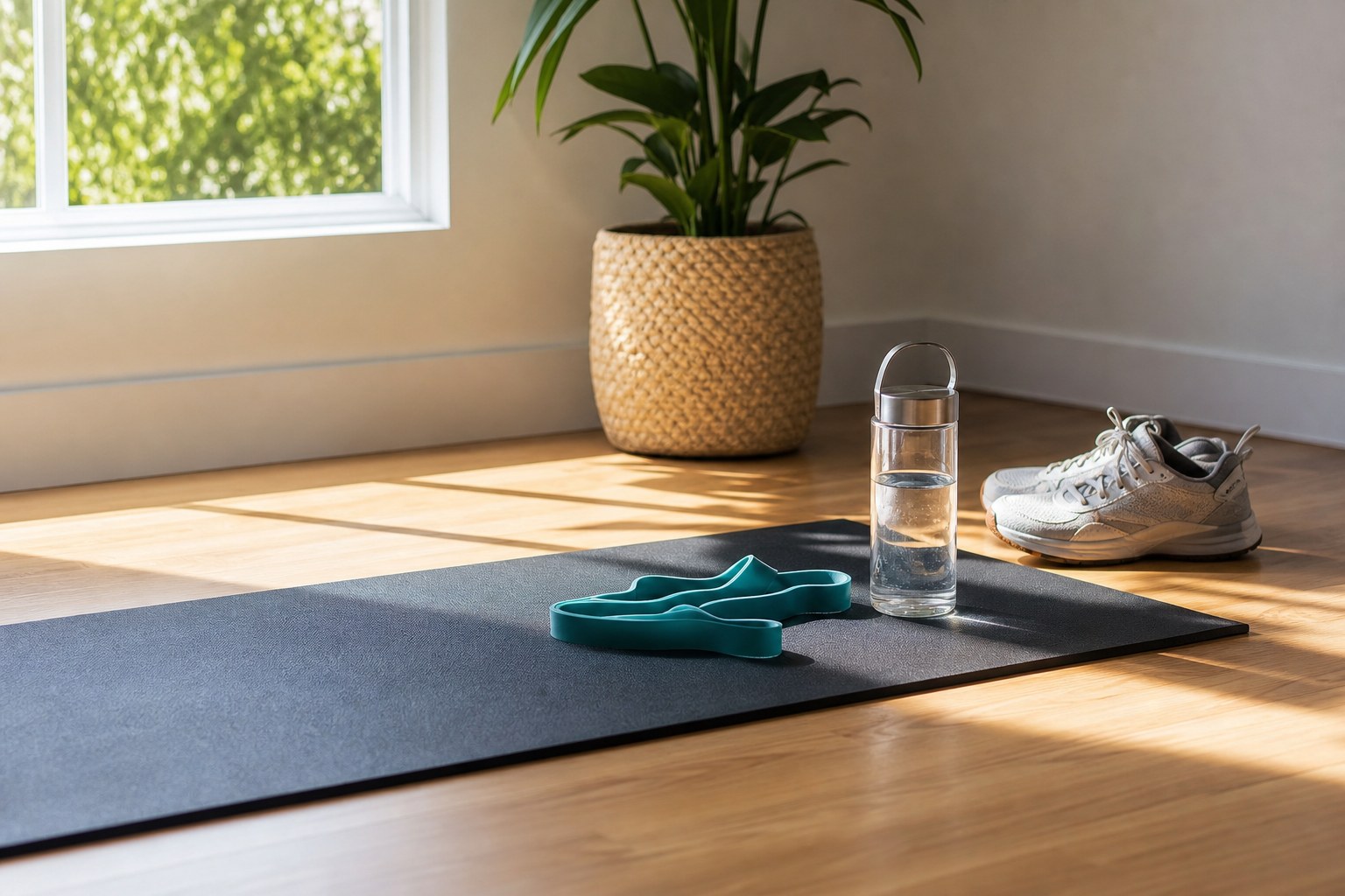 Resistance band, mat, water bottle, and walking shoes in sunlight