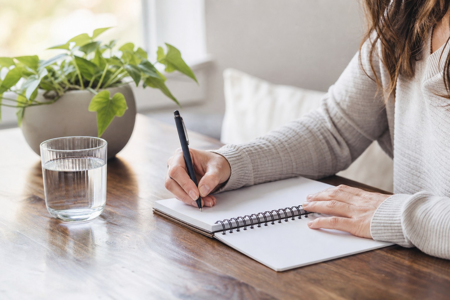 Hands writing a short to-do list in a notebook beside water and a green plant
